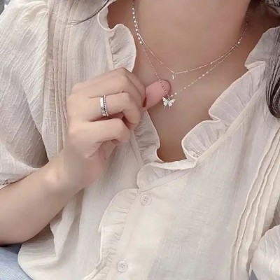 New Arrival Women Jewelry Fashionable Simple Rhinestone Butterfly Double Layer Necklace Short Chain Women Jewelry Pendant