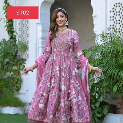 New Skin Print Ready Made Gown Three Pcs